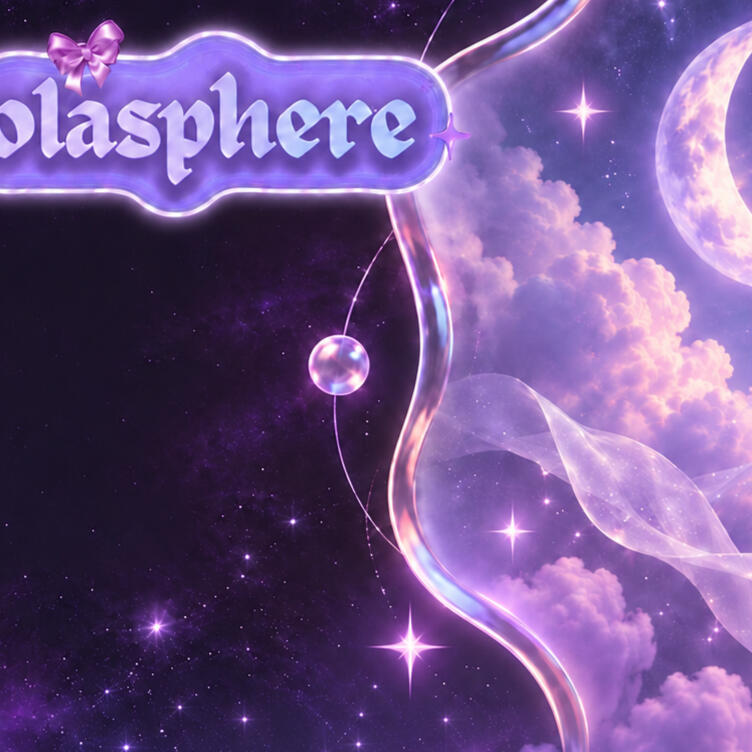 Olasphere hero artwork The glowing Olasphere wordmark beside a frosted-glass celestial moodboard with lavender clouds, a crescent moon, sheer ribbon, pressed flowers, and torn pastel paper.